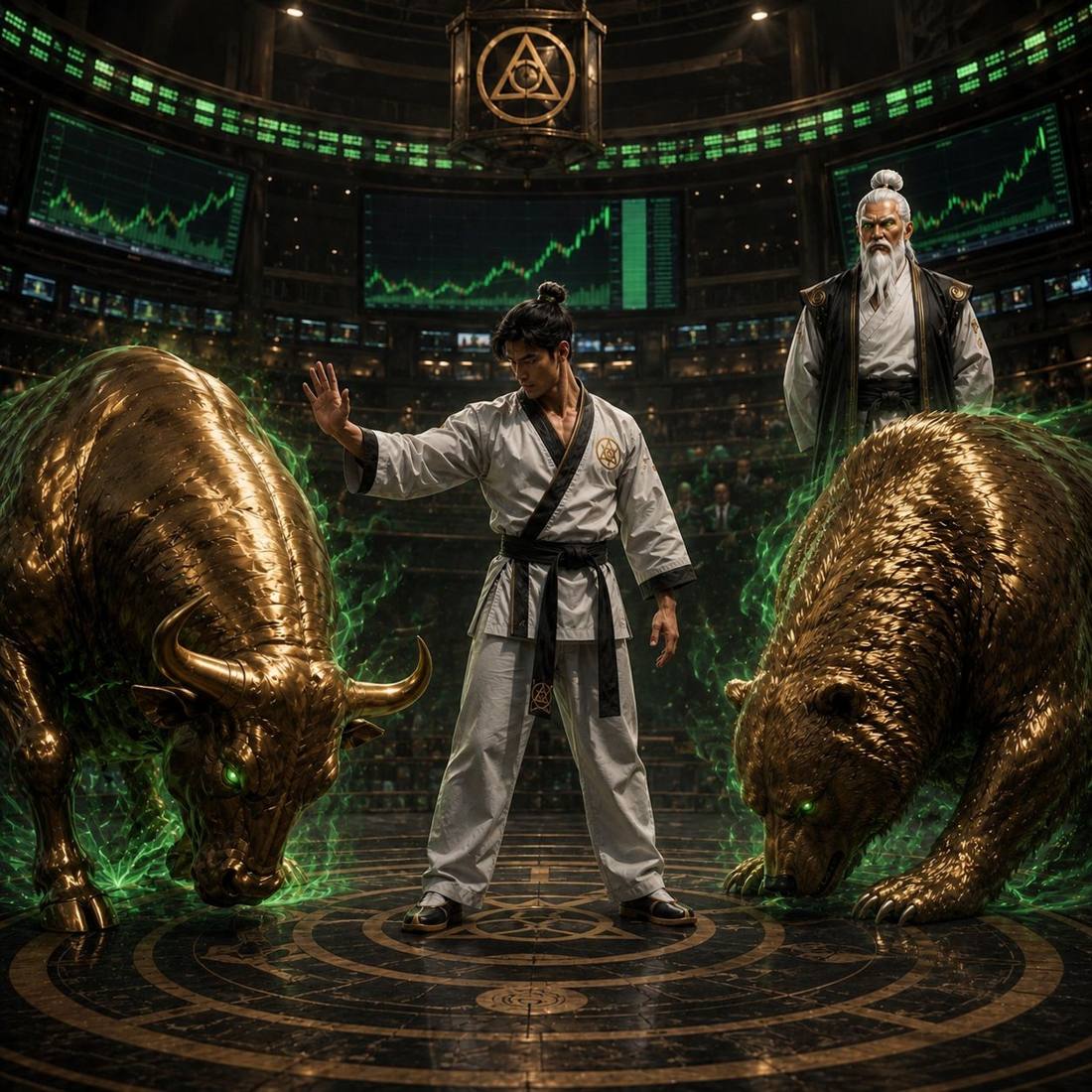 A trained trader between the golden bull and bear as the AI Sensei watches
